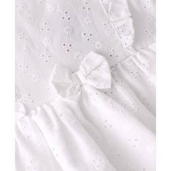 Babyhug 100% Cotton Woven Frill Sleeves Schiffli Frock With Bow Applique- White