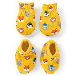 Babyhug 100% Cotton Mittens & Booties Set Animal Print - Yellow