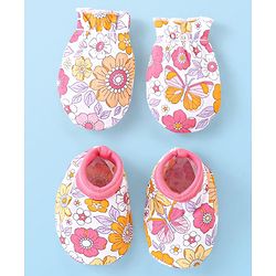 Babyhug 100% Cotton Mittens & Booties Floral Print - Multicolour