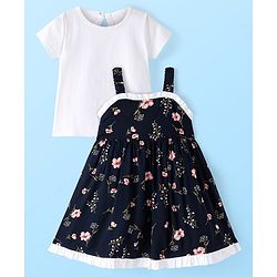 Babyhug Rayon Woven Frock with Half Sleeves Inner Tee Lace Detailing & Floral Print - Navy Blue