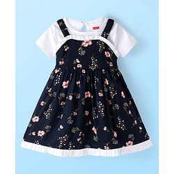 Babyhug Rayon Woven Frock with Half Sleeves Inner Tee Lace Detailing & Floral Print - Navy Blue