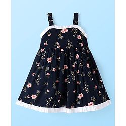 Babyhug Rayon Woven Frock with Half Sleeves Inner Tee Lace Detailing & Floral Print - Navy Blue