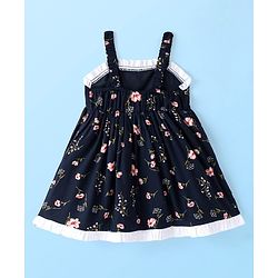 Babyhug Rayon Woven Frock with Half Sleeves Inner Tee Lace Detailing & Floral Print - Navy Blue