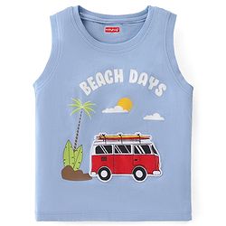 Babyhug Cotton Knit  Sleeveless Tank T-Shirt with Camper Van Print - Blue