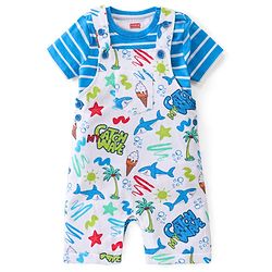 Babyhug Single Jersey Knit Beach Theme Dungaree with Striped Half Sleeves T-Shirt - Blue
