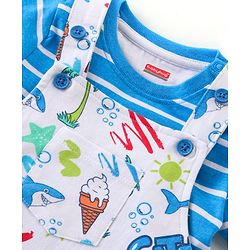 Babyhug Single Jersey Knit Beach Theme Dungaree with Striped Half Sleeves T-Shirt - Blue