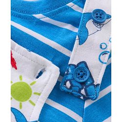Babyhug Single Jersey Knit Beach Theme Dungaree with Striped Half Sleeves T-Shirt - Blue