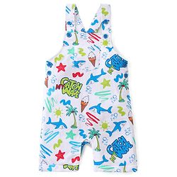 Babyhug Single Jersey Knit Beach Theme Dungaree with Striped Half Sleeves T-Shirt - Blue