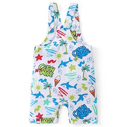 Babyhug Single Jersey Knit Beach Theme Dungaree with Striped Half Sleeves T-Shirt - Blue