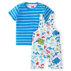 Babyhug Single Jersey Knit Beach Theme Dungaree with Striped Half Sleeves T-Shirt - Blue