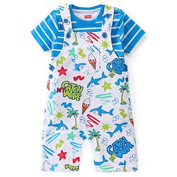 Babyhug Single Jersey Knit Beach Theme Dungaree with Striped Half Sleeves T-Shirt - Blue