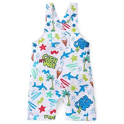 Babyhug Single Jersey Knit Beach Theme Dungaree with Striped Half Sleeves T-Shirt - Blue