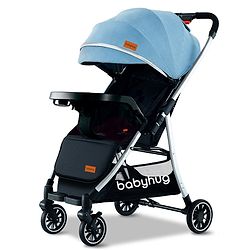 Babyhug Stroller with Reversible Handle Adjustable Backrest & Canopy - Blue| Concealed Link Brake| Suspension Wheels| Removable Food Tray