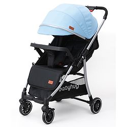 Babyhug Stroller with Reversible Handle Adjustable Backrest & Canopy - Blue| Concealed Link Brake| Suspension Wheels| Removable Food Tray