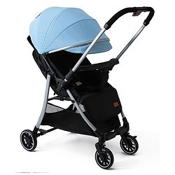 Babyhug Stroller with Reversible Handle Adjustable Backrest & Canopy - Blue| Concealed Link Brake| Suspension Wheels| Removable Food Tray