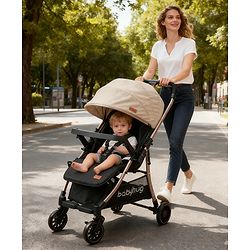 Babyhug Stroller with Reversible Handle Adjustable Backrest & Canopy - Blue| Concealed Link Brake| Suspension Wheels| Removable Food Tray