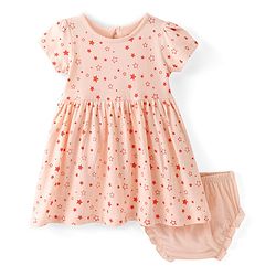 Babyhug Single Jersey Knit Half Sleeves Frock & Bloomer With Stars Print - Peach