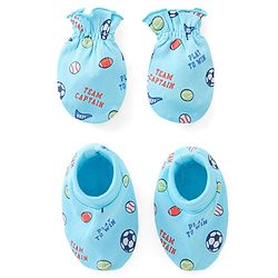 Babyhug 100% Cotton Mittens & Booties Sports Print - Blue