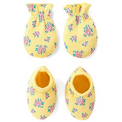Babyhug 100% Cotton Mittens & Booties Floral Print - Yellow