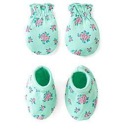 Babyhug 100% Cotton Mittens & Booties Floral Print - Green