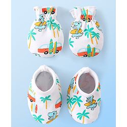 Babyhug 100% Cotton Knit Dino Printed Mittens & Booties Set - Multicolour