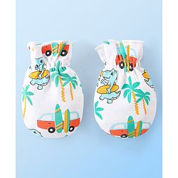 Babyhug 100% Cotton Knit Dino Printed Mittens & Booties Set - Multicolour