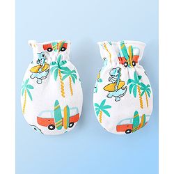 Babyhug 100% Cotton Knit Dino Printed Mittens & Booties Set - Multicolour