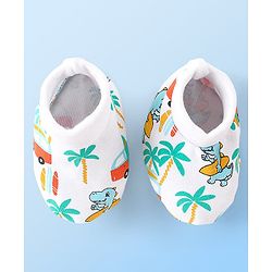 Babyhug 100% Cotton Knit Dino Printed Mittens & Booties Set - Multicolour