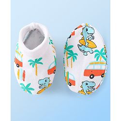 Babyhug 100% Cotton Knit Dino Printed Mittens & Booties Set - Multicolour