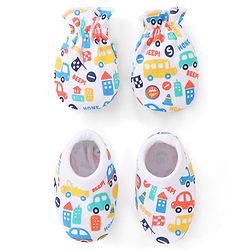 Babyhug 100% Cotton Mittens & Booties Vehicle Print - White
