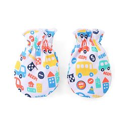 Babyhug 100% Cotton Mittens & Booties Vehicle Print - White