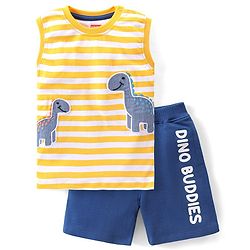 Babyhug Single Jersey Cotton Knit Sleeveless Striped T-Shirt & Shorts Set with Dino Embroidery - Yellow & Blue