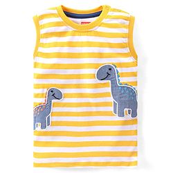 Babyhug Single Jersey Cotton Knit Sleeveless Striped T-Shirt & Shorts Set with Dino Embroidery - Yellow & Blue