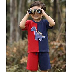 Babyhug Single Jersey Knit Half Sleeves T-Shirt & Shorts Set with Dino Embroidery - Red & Blue