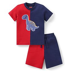 Babyhug Single Jersey Knit Half Sleeves T-Shirt & Shorts Set with Dino Embroidery - Red & Blue