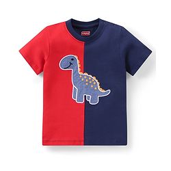 Babyhug Single Jersey Knit Half Sleeves T-Shirt & Shorts Set with Dino Embroidery - Red & Blue
