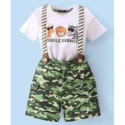 Babyhug Single Jersey Knit Half Sleeves  T-Shirt &  Camouflage Shorts Set  Animal Print - White & Green