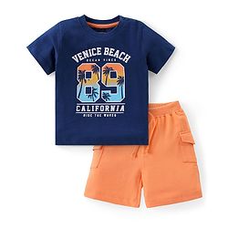 Babyhug Cotton Knit Half Sleeves T-Shirt & Shorts Set With Text Print - Blue & Orange