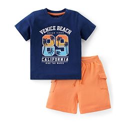 Babyhug Cotton Knit Half Sleeves T-Shirt & Shorts Set With Text Print - Blue & Orange