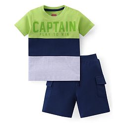 Babyhug Cotton Knit Half Sleeves Color Block T-Shirt & Shorts Set With Text Print - Multicolor