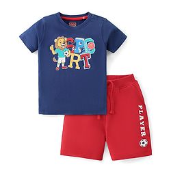 Babyhug Cotton Knit Half Sleeves T-Shirt & Shorts Set With Lion Print - Blue & Red