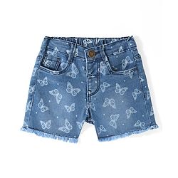 Babyhug Denim Mid Thigh Length Stretchable Shorts Butterfly Print - Blue