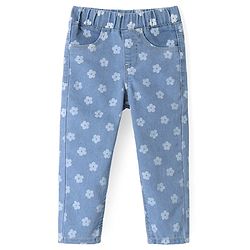 Babyhug Denim Full Length Stretchable Jeggings  with Floral Print - Light Blue