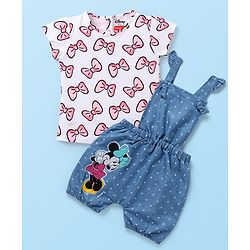 Babyhug Disney Cotton Half Sleeves T-Shirt with Dungaree  Minnie Mouse Print - Multicolour