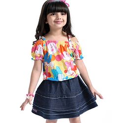 Babyhug Disney Single Jersey Knit Half Sleeves Top And Denim Skirt With Minnie Mouse Print - Multicolor