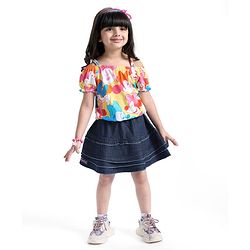 Babyhug Disney Single Jersey Knit Half Sleeves Top And Denim Skirt With Minnie Mouse Print - Multicolor