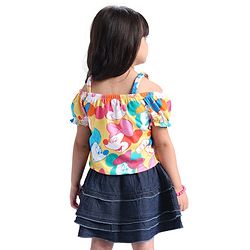 Babyhug Disney Single Jersey Knit Half Sleeves Top And Denim Skirt With Minnie Mouse Print - Multicolor