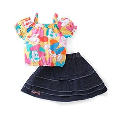 Babyhug Disney Single Jersey Knit Half Sleeves Top And Denim Skirt With Minnie Mouse Print - Multicolor