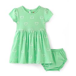 Babyhug Single Jersey Knit Half Sleeves Frock & Bloomer With Hearts Print - Sea Green