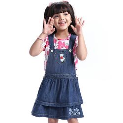 Babyhug Disney Single Jersey Knit Layered Frock with Half Sleeves T-Shirt Winnie The Pooh Print - Blue White & Pink